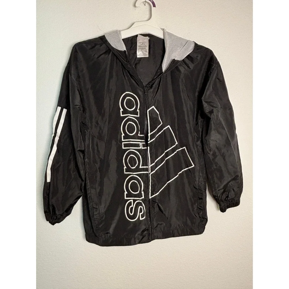 Adidas Boys Black Windbreaker Jacket Full Zip Hoodie Logo Size M 10/12